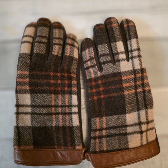 Womens Plaid Wool-Blend Gloves  Faux Leather Trim Touchscreen Fingers Size S-M - Picture 1 of 4